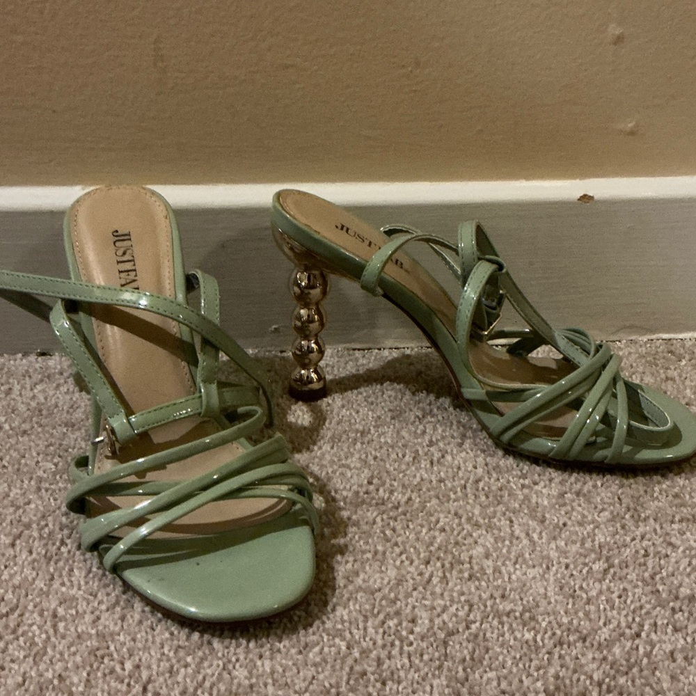 JustFab Light Green Strappy Sandals with Beaded Gold Heel